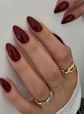 24Pcs Long Almond False Nails French Cherry Red Color Fake N