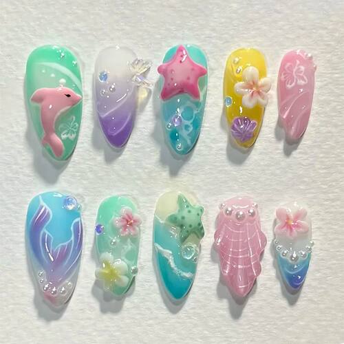 30pcs Summer Press on Nails 3D Ocean Starfish Shell Decor Fa