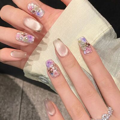 10pc Blue Cat Eye Handmade Press on Nails Flower Fake Nails