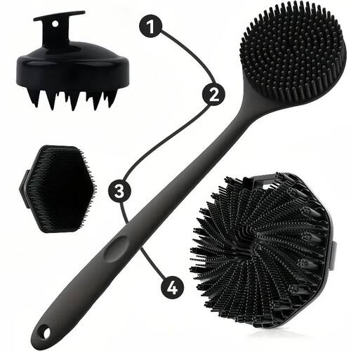 4PCS Long Handle Silicone Bath Brush Set for Body Back Face