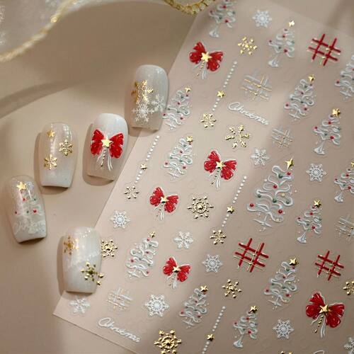 Gold Stamped Snowflake Stars White Christmas Tree Red Bowkno