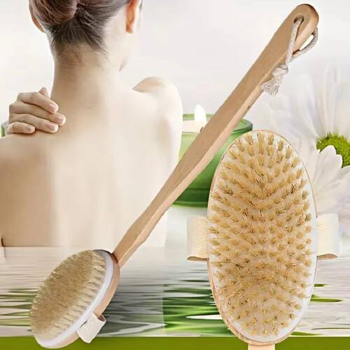 1pc Natural Bristle Shower Brush, Long Handle Back Scrubber