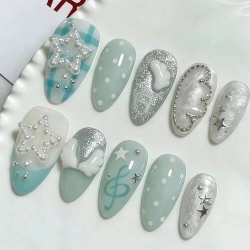 10 hand pressed almond shaped nails, beautiful fake nails, b