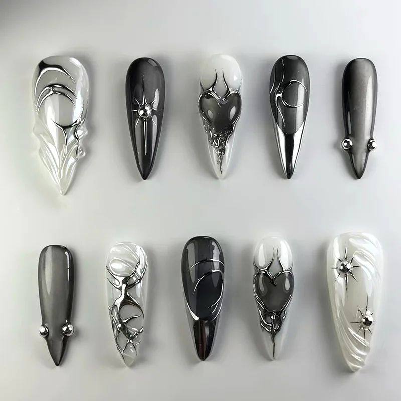 24pcs Black Stiletto Press on Nails Y2k Cat's Eye Design Man