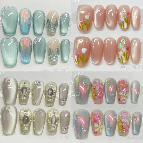 10Pcs Cat Eyes Handmade Press On Nails Kawaii Short Square R