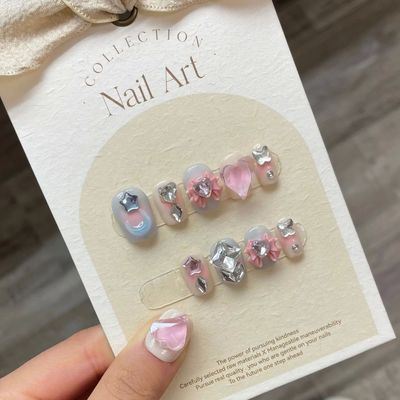10Pcs Handmade Cute Press on Nails Short  Fake Nails With 3D