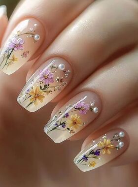 24pcs Flower Full Cover Nail with Pearl Design Mid-length Ba