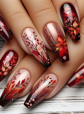 Short Medium long fake nails for Autumn Winter gradient red