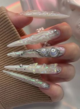 Extra Long Pointed Fake Nails Art Butterfly Pearl Exaggerate