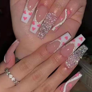 24pcs Press On Nails Long Pink Heart Silver Glitter Coffin F