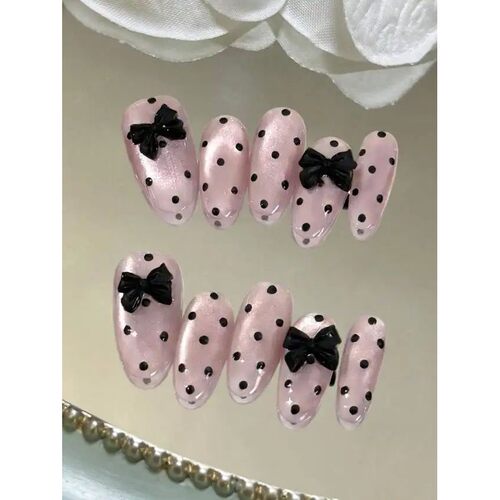 10-Piece Set of 3D Black Bowknot Medium-Short Oval Black and