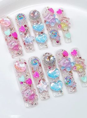 Handmade Extra Long Press on Nails Cute Bear Love Rhinestone