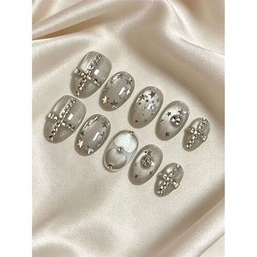 10 Pieces of Full Rhinestone Cross, Silver Star, and Heart S