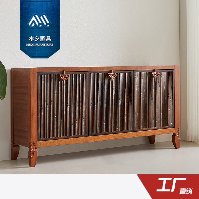 木夕新中式东南亚风格槟榔色胡桃实木家具竹节雕花储物酒餐边柜
