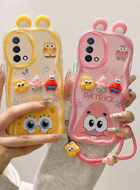 立体耳朵适用OPPOReno6Lite手机壳海绵宝宝reno6lite派大星公仔奶油纹软边趣味可爱壳