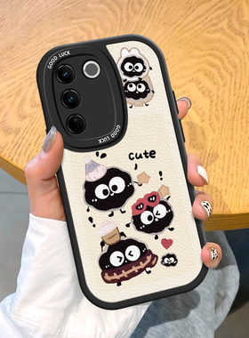 适用vivoV27手机壳情侣卡通煤球V23e全包V23Pro男女27e防摔V25Pro卡通皮纹软边趣味可爱壳