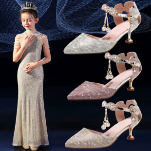 尖头高跟鞋 女童细跟单鞋 夏季 小女孩走秀礼服水晶鞋 新款 儿童公主鞋