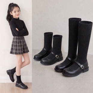 女童短靴儿童黑色加绒袜靴2026春秋短筒靴子小女孩洋气学生马丁靴