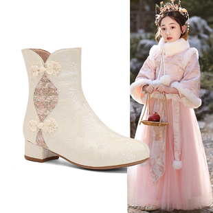 新中式配旗袍的鞋子秋冬汉服民国风靴子女童高跟鞋学生公主鞋短靴