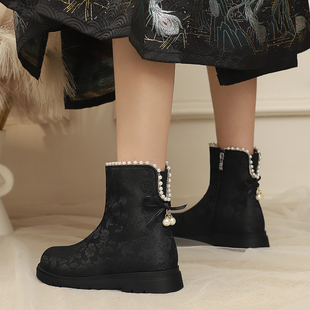 女童汉服鞋配马面裙2025冬季新款加绒儿童棉靴民族风中大童学生靴