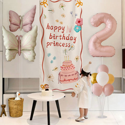 蝴蝶结气球周岁生日挂布女孩