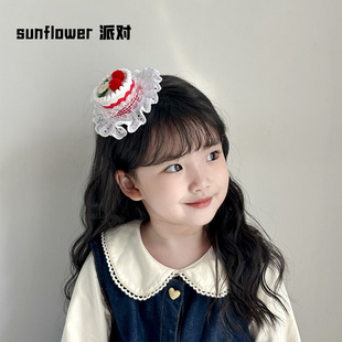 红色草莓蛋糕甜点生日发饰可爱立体网纱发夹发箍氛围拍照道具