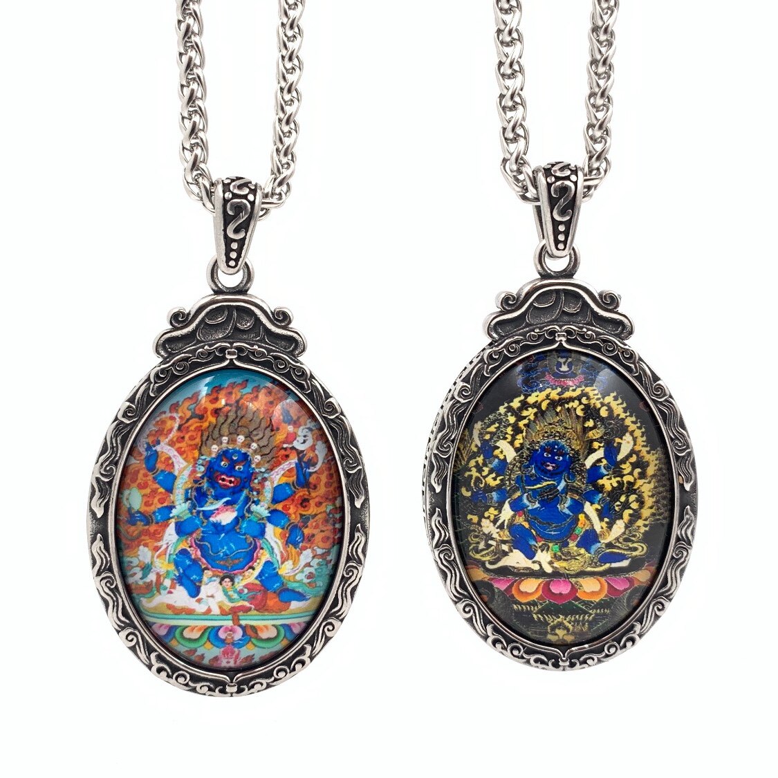 新款大黑天六臂玛哈嘎拉彩绘唐卡吊坠钛钢项链男士个性国风毛衣链