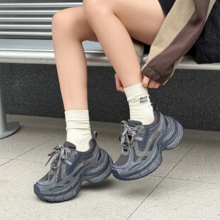 潮酷好货~ins擦色做旧冬季加绒配阔腿裤增高厚底老爹鞋女鞋运动鞋