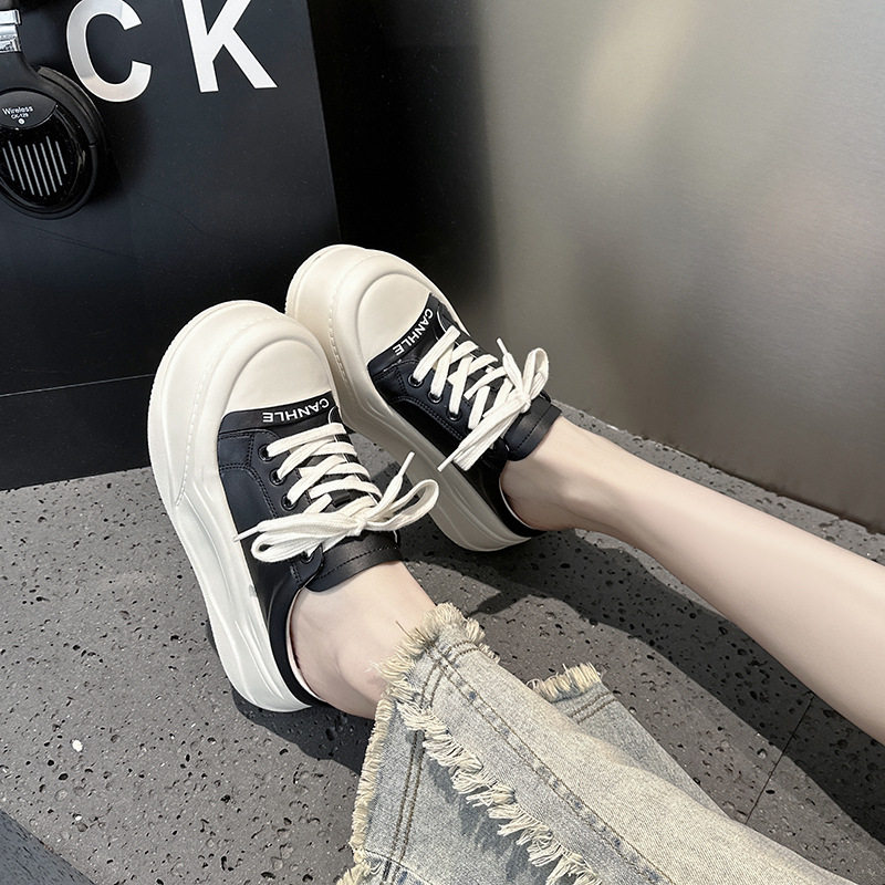 春夏一脚蹬全皮厚底包头小白鞋女