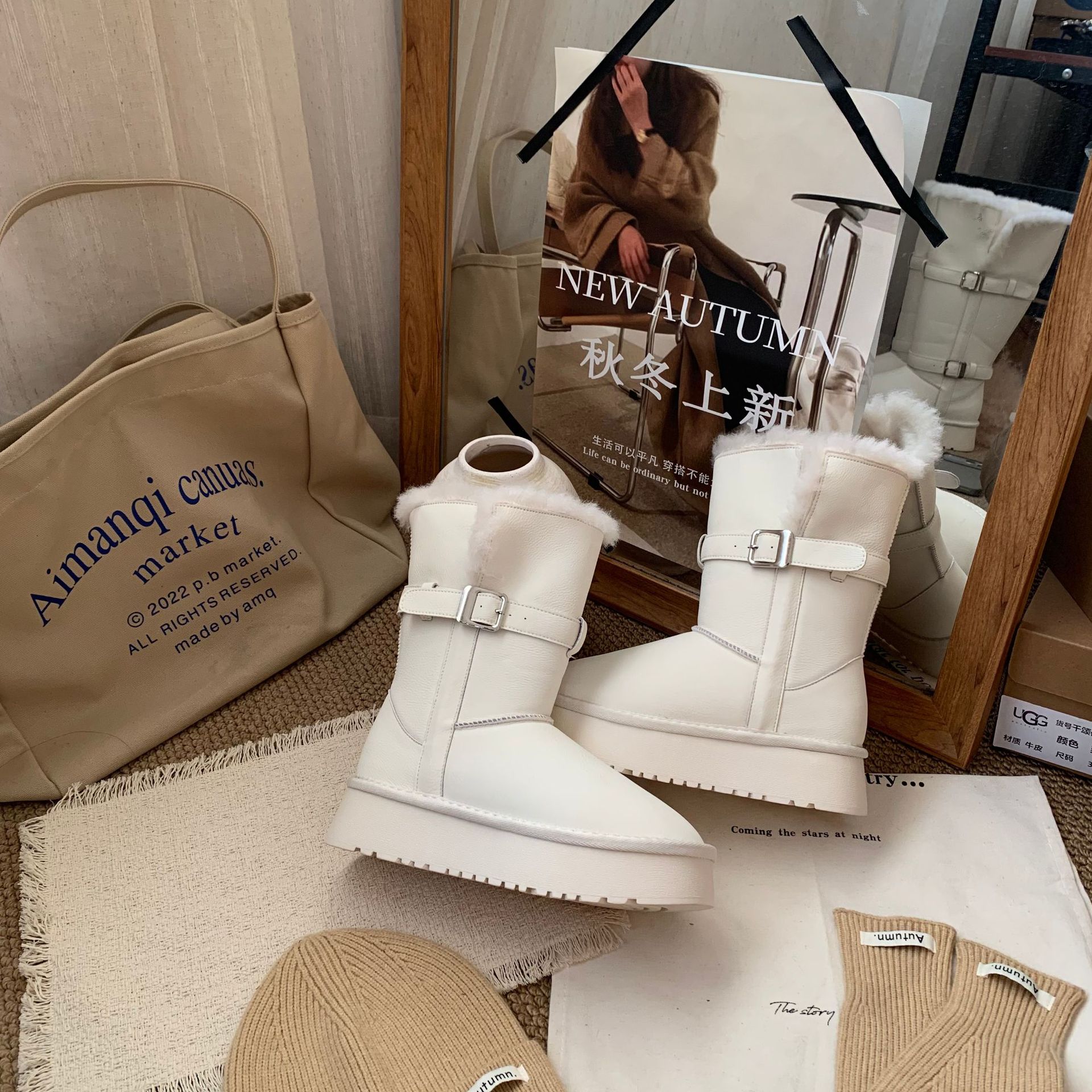 法式小香风真皮长筒雪地靴