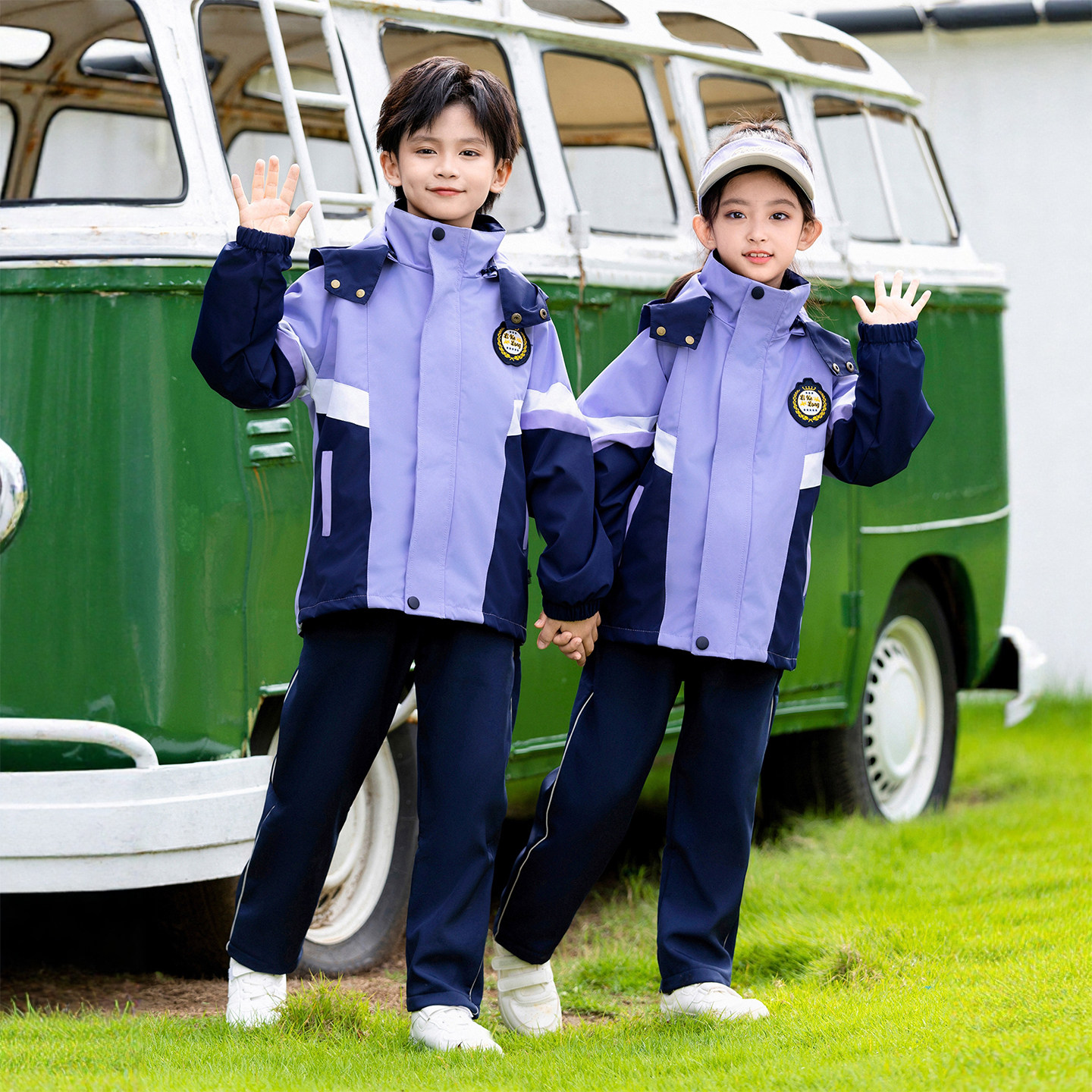 紫色统一校服冲锋衣套装三合一可脱卸儿童班服三件套幼儿园园服
