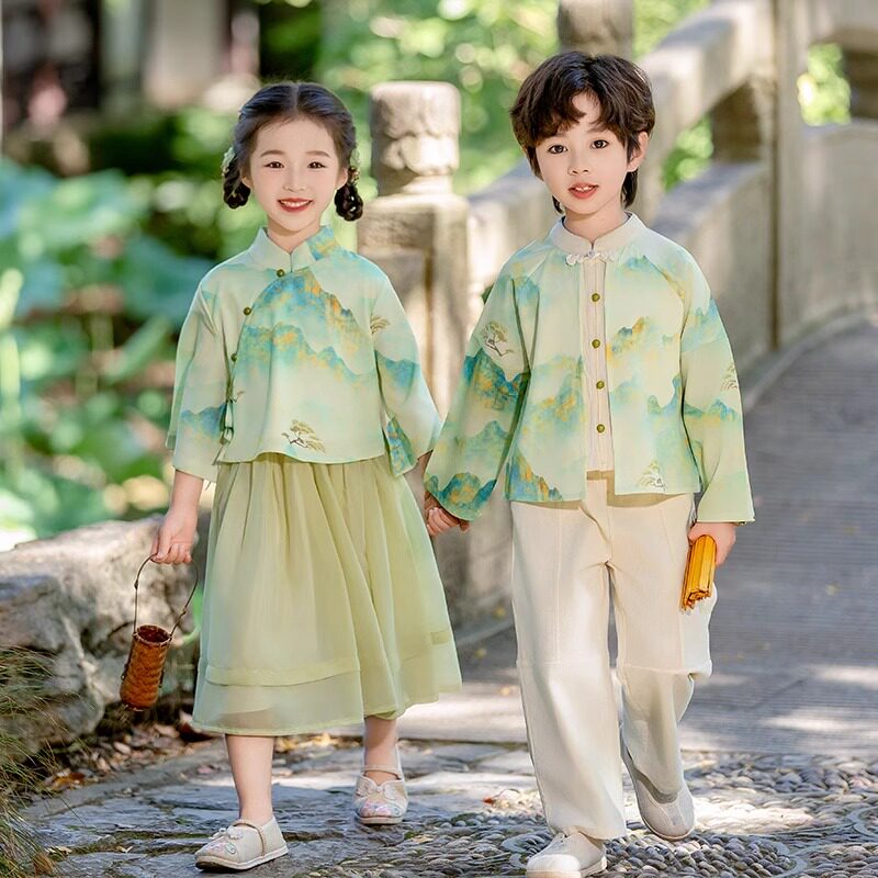 儿童唐装新中式长袖汉服套装中国风小学生国学服毕业班服表演服