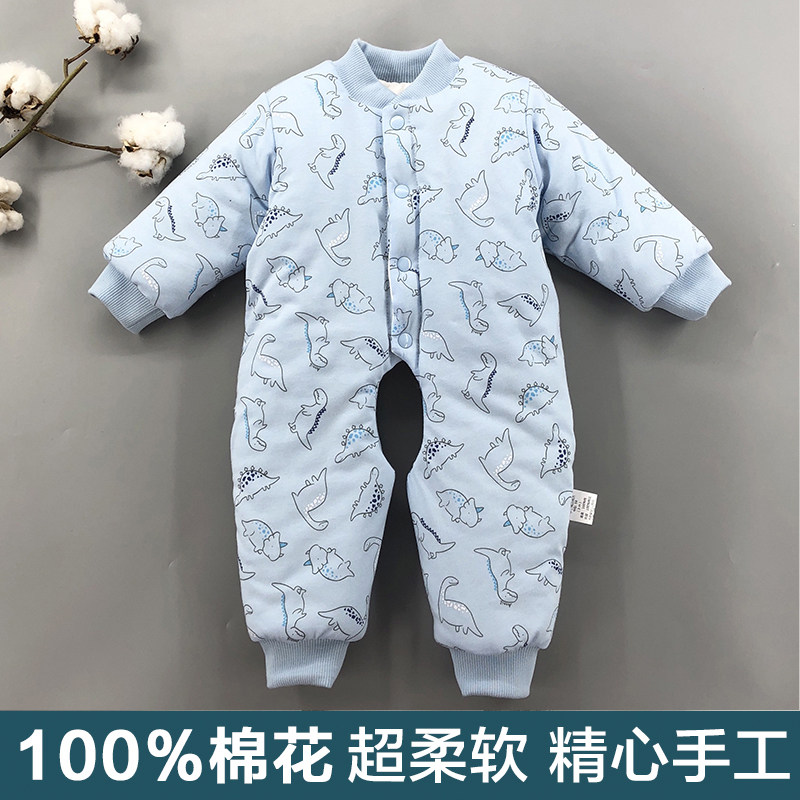 手工棉花棉衣 婴儿连体衣开档加厚款宝宝棉花连体棉衣纯棉花填充