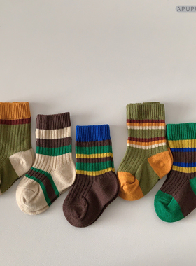 宝宝秋季韩系潮袜复古风拼色横条儿童中筒袜森系男女儿童运动袜子