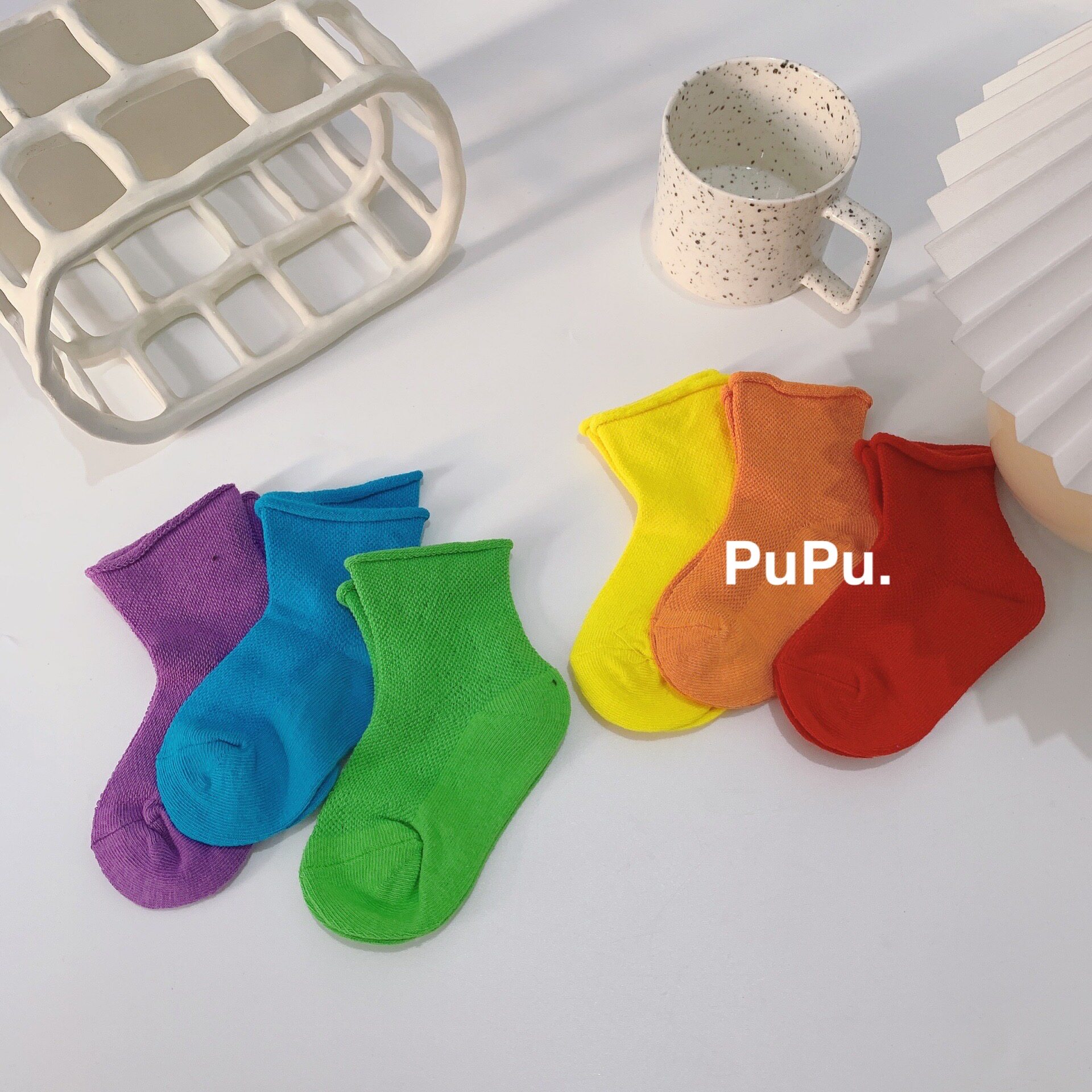 五双装儿童袜子春秋纯棉宝宝夏季薄款纯色中筒袜彩色网眼袜糖果色