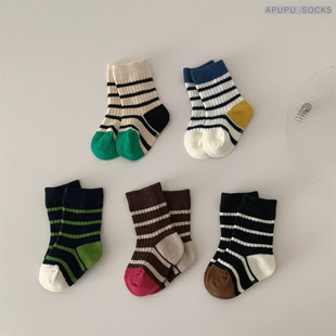 婴儿袜子春秋纯棉条纹中筒袜男女童宝宝袜秋季韩系百搭休闲运动袜
