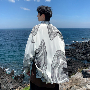 冰丝黑白抽象长袖衬衫男水墨条纹高级感上衣休闲宽松百搭袖花外套