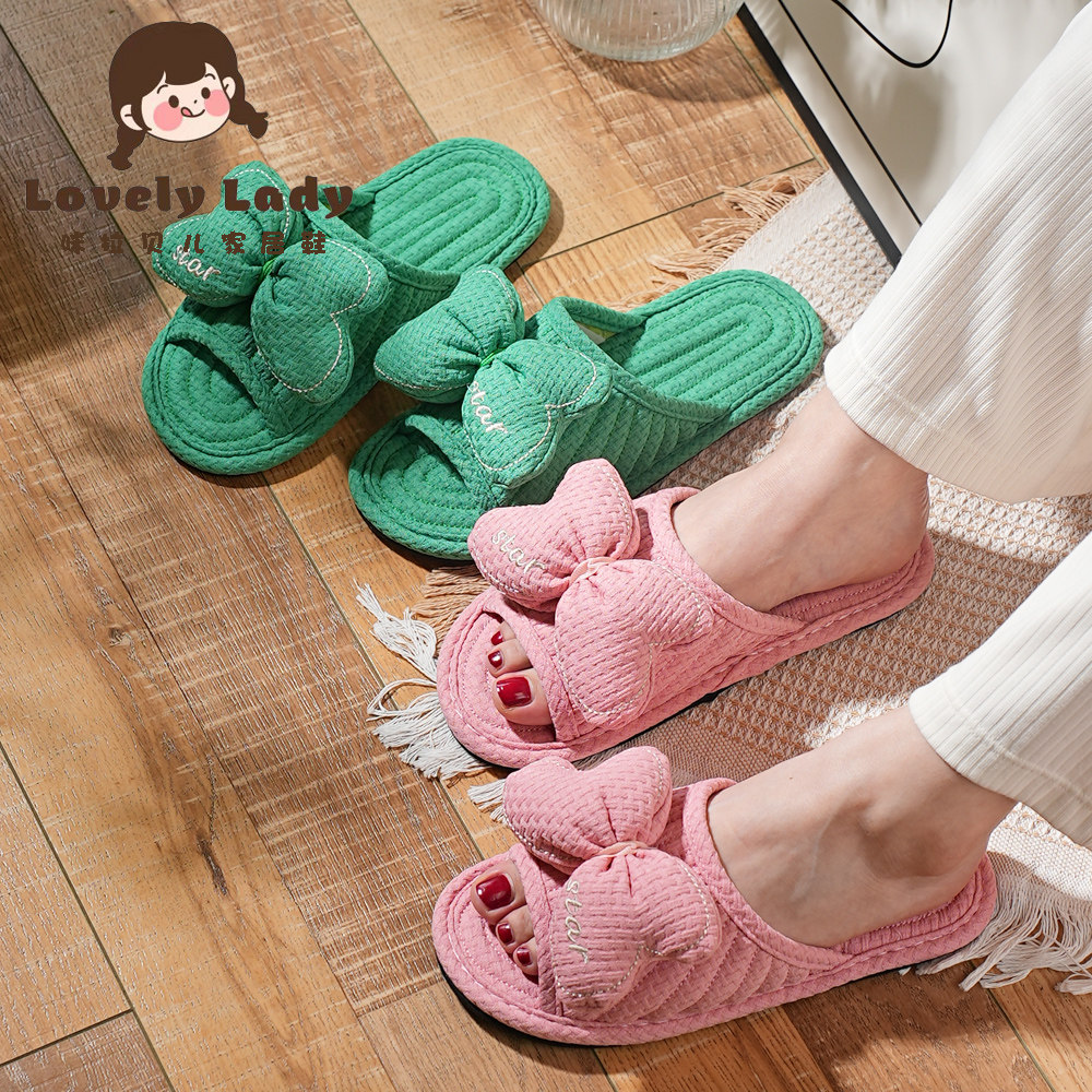 新款夏季韩版奢华布艺蝴蝶结男女情侣家居室内地板拖鞋静音防滑
