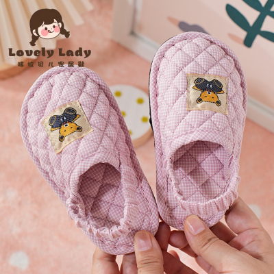 儿童纯棉布艺静音包头家居拖鞋