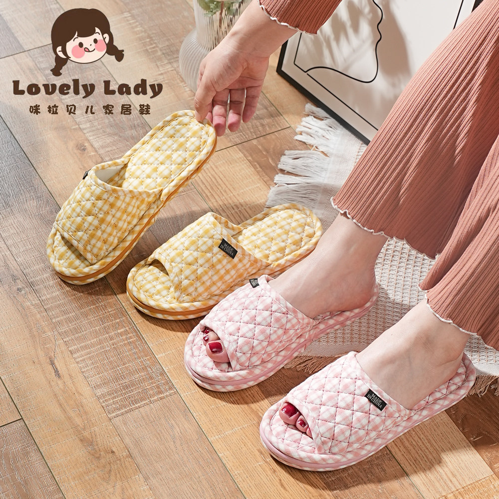 纯棉布艺简约格子男女情侣布底加厚防滑静音家居室内地板专用拖鞋