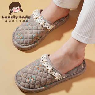 新款 秋冬包头包脚趾布艺三层加厚布底静音情侣家居室内木地板拖鞋