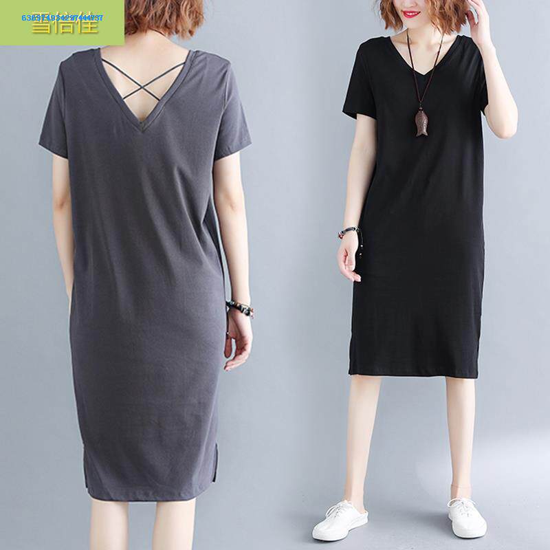 Big size dress 200 Pounds of fat MM Summer wear Korean Edition overlapping Bandage Backless V-neck Mid length version T-shirt Dressin the Women's clothing/Boutique , Large size women  category - from Buy2taobao.com to provide professional Taobao agent buy service
