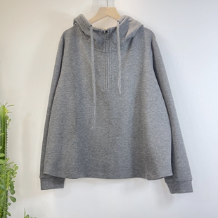 极简风连帽半拉链卫衣女宽松套头薄绒长袖 灰色上衣