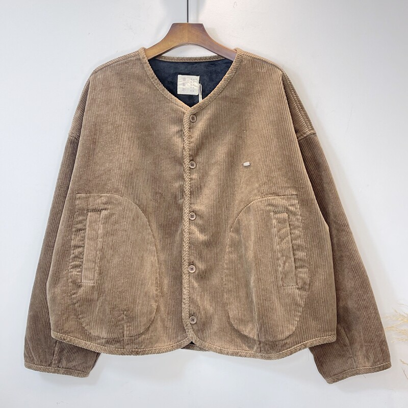 复古灯芯绒V领开衫外套女春秋文艺宽松夹克上衣春日热可可