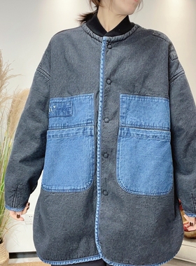 复古简约高级感简约休闲羊羔毛内里牛仔外套女宽松慵懒大版棉衣女