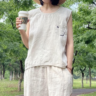 夏天凉快无袖 背心女夏装 宽松背心上衣t恤棉麻无袖 上衣麻衫