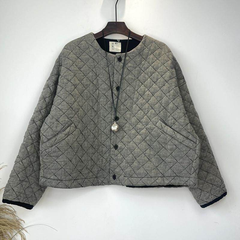 韩版宽松休闲百搭菱格纹撞色袖口2025年新年棉服女上衣洋气小个子