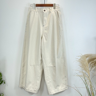 米白色 休闲裤 纯棉松紧腰宽腿裤 女宽松百搭阔腿裤