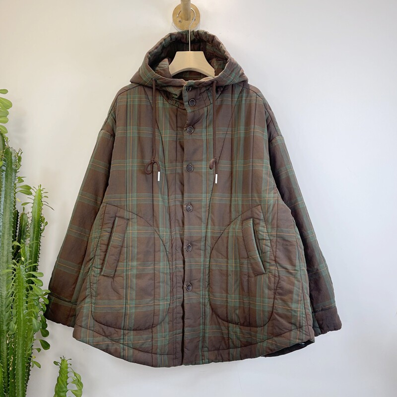 雪蓝杉日系格子连帽加厚棉服女
