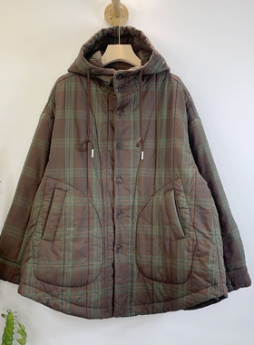 雪蓝杉日系复古格子棉服女连帽宽松加厚保暖棉袄外套